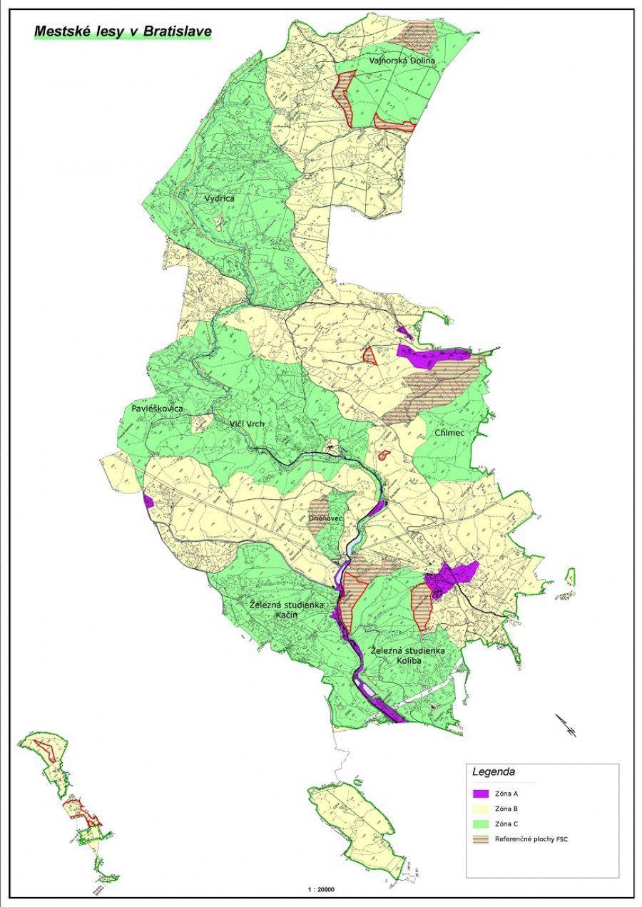 mapa všetkých zón mestských lesov